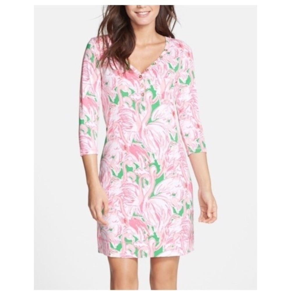 Lilly Pulitzer Palmetto Dress Pima Cotton Womens X Small Pink Green Flamingo XS